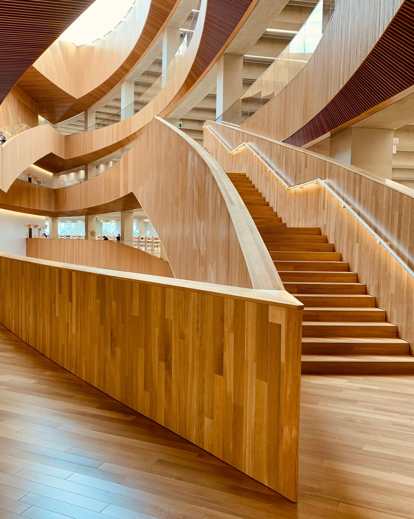 Geschwungene Holztreppe mit Holzverkleidung