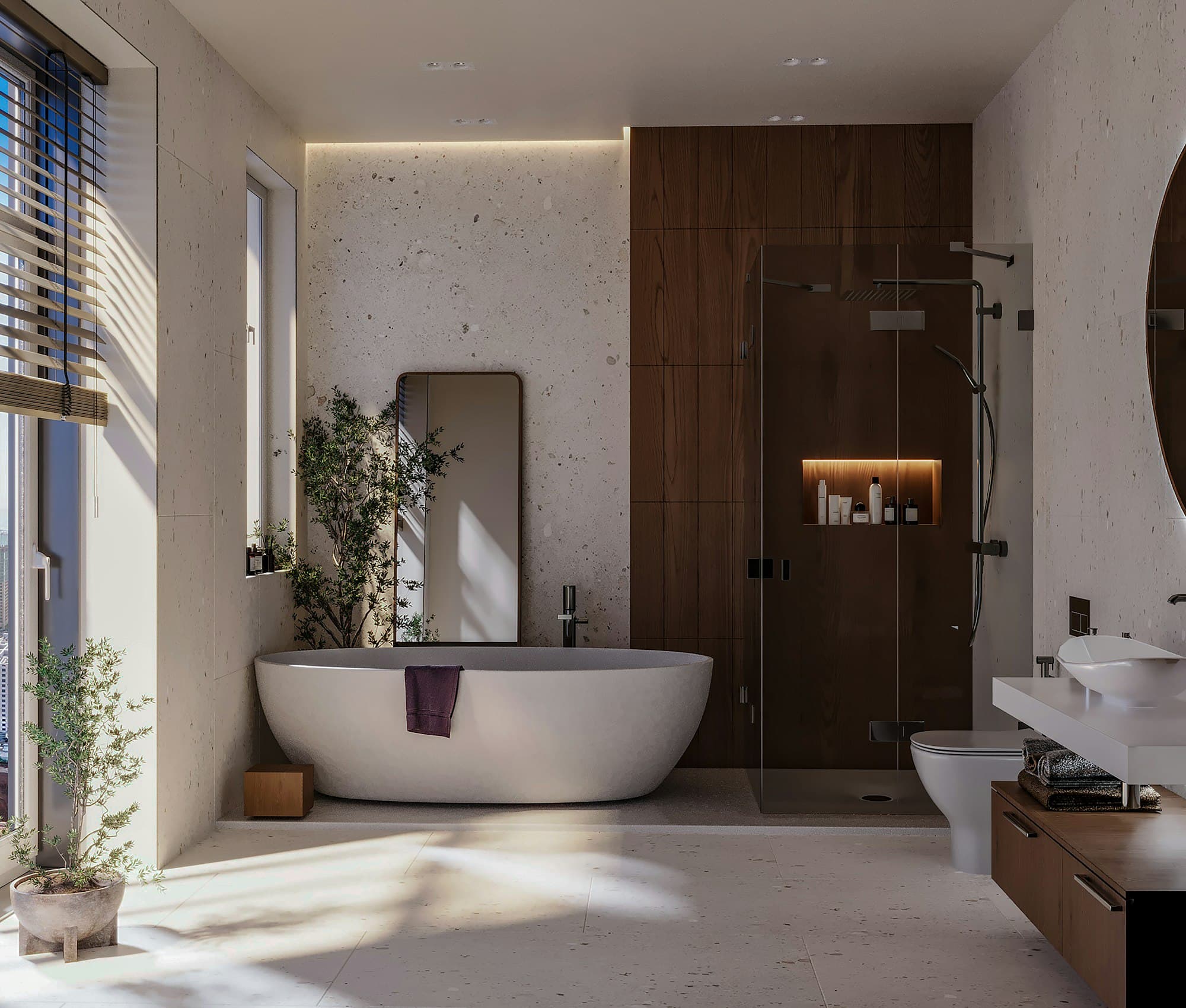 Modernes Badezimmer mit freistehender Badewanne und großem Fenster