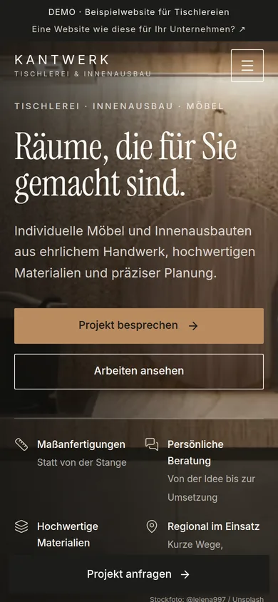 Original-Screenshot der Kantwerk-Demowebsite auf einem Smartphone