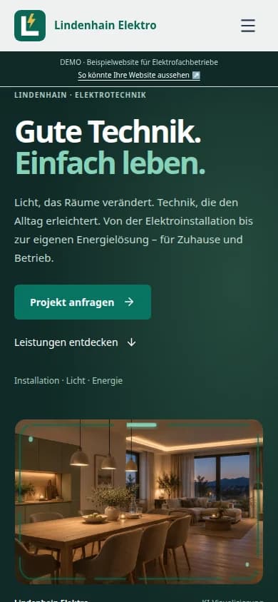 Actual mobile screenshot of the German-language Lindenhain demo website