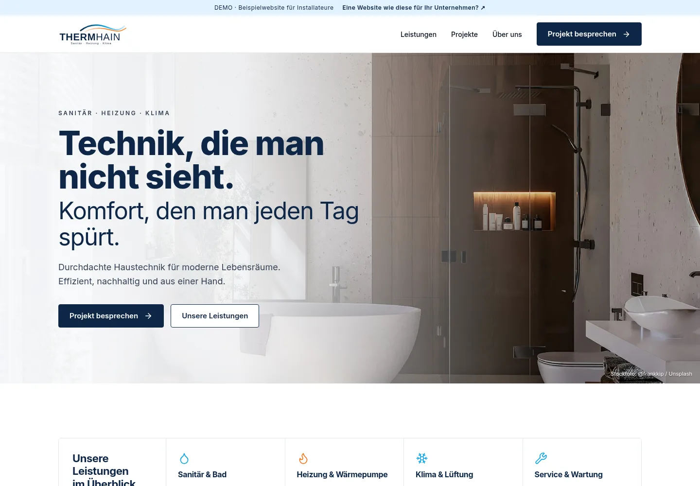 Original-Screenshot der Thermhain-Demowebsite am Desktop