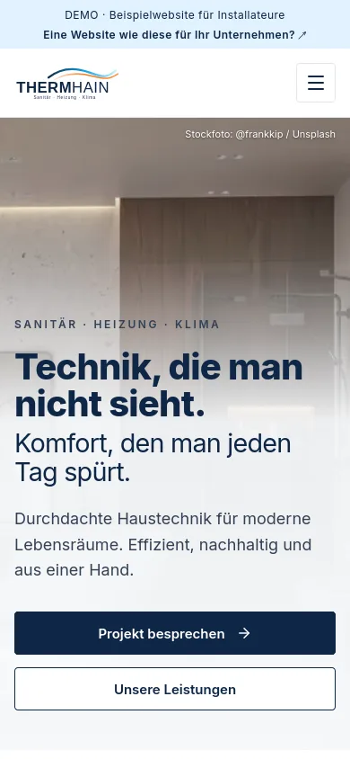 Original-Screenshot der Thermhain-Demowebsite auf einem Smartphone